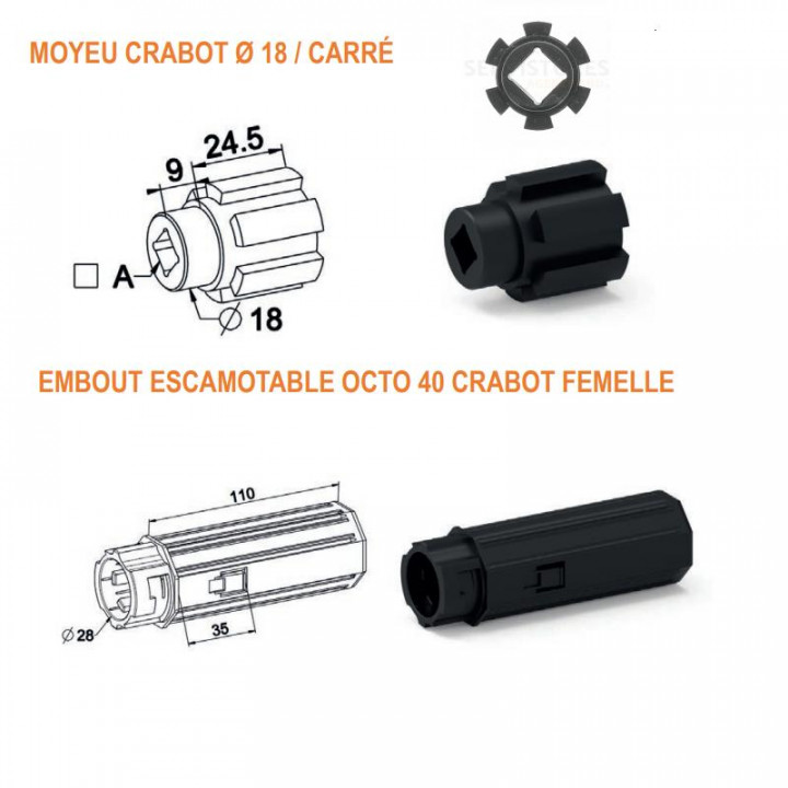 Embout De Tube Pour Volet Roulant - Pour Tube Octogonal 40mm, Sortie Crabot 27mm Ou Roulement 28mm - Longueur 122mm
