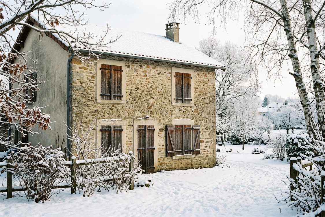 Maison en hiver avec des volets battants en bois épais fermés pour une meilleure isolation