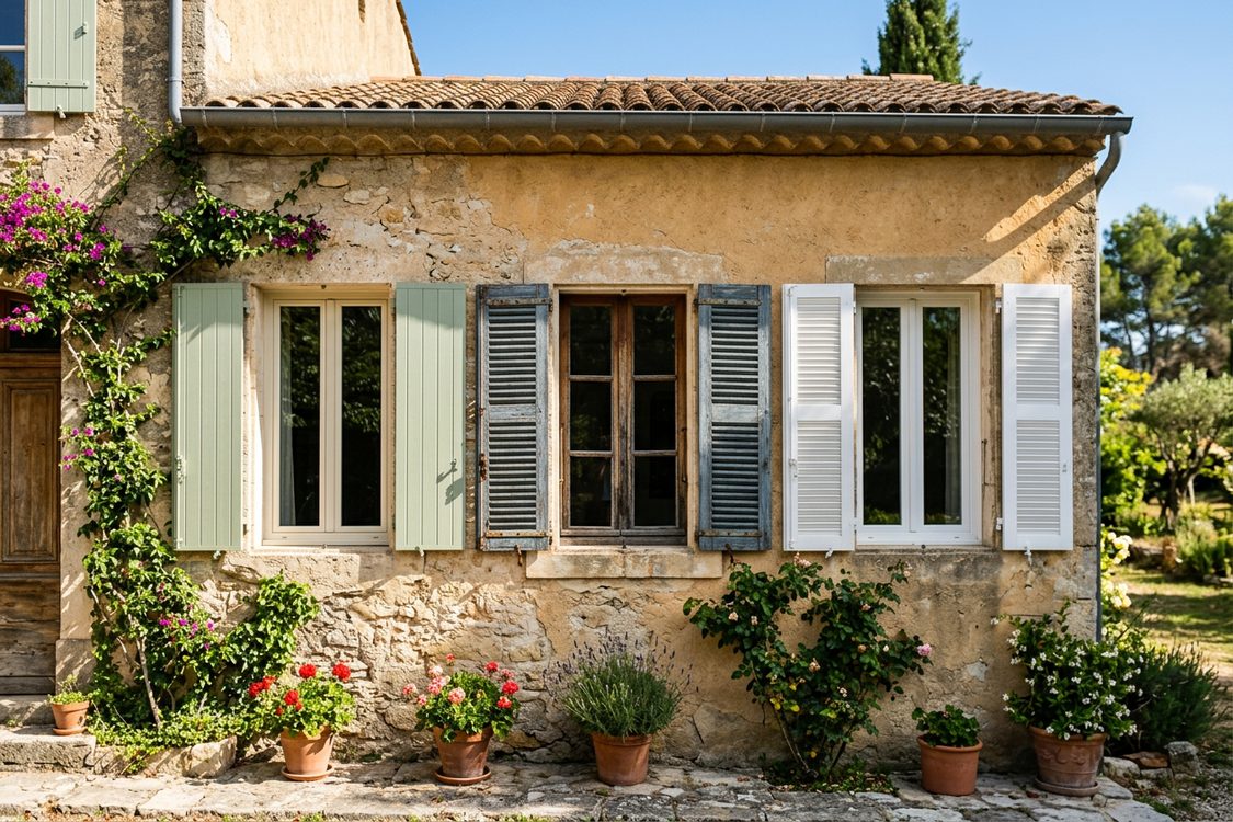 Trois volets battants en aluminium, en bois et en PVC côte à côte sur la façade d'une maison