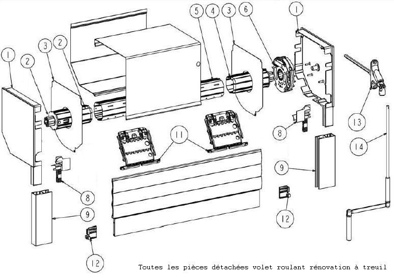Vue éclatée volet roulant à teuil  Pièces détachées volet roulant à sanglevue éclatée volet roulant rénovation sangle  Pièces détachées volet roulant à Treuilvue éclatée volet roulant rénovation treuil